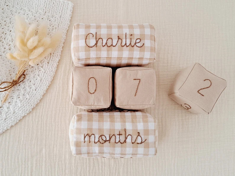 Gingham baby milestone blocks, Custom name age blocks set, Beige and white checkered month blocks... | Etsy (US)