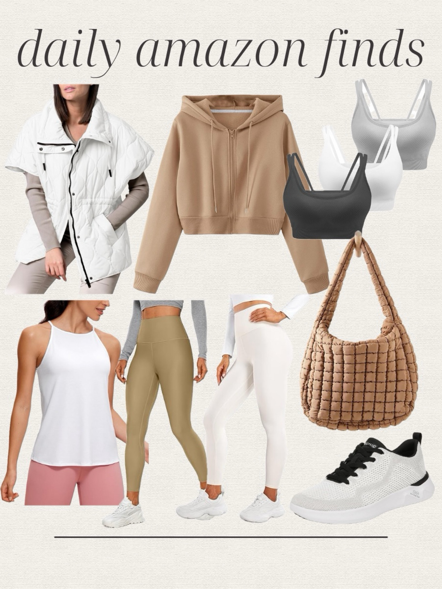 Daily Amazon finds, Amazon activewear, neutral outfits, clean girl aesthetic, oversized vest, fleece lined leggings, workout tank, sports bra, quilted handbag, white sneaker, cropped hoodie, Free People inspired, leggings, loungewear, handbag, Amazon fashion, casual outfits, athleticwear, winter fashion 

#LTKstyletip #LTKfitness #LTKfindsunder50