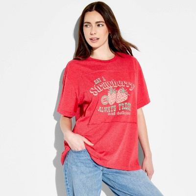 Women's Strawberry Oversized Short Sleeve Graphic T-Shirt - Berry Red S | Target