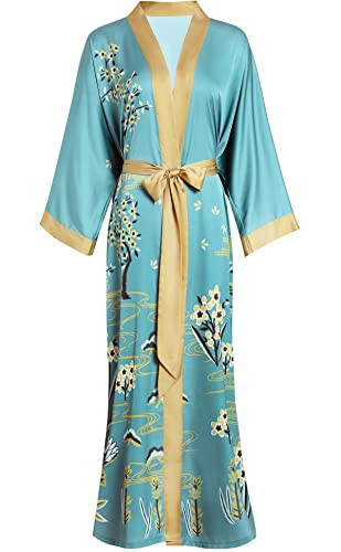 Aensso Long Soft Lightweight Silky Kimonos Robes for Women, Luxury Floral Kimono Robe- Turquoise Teal | Amazon (US)