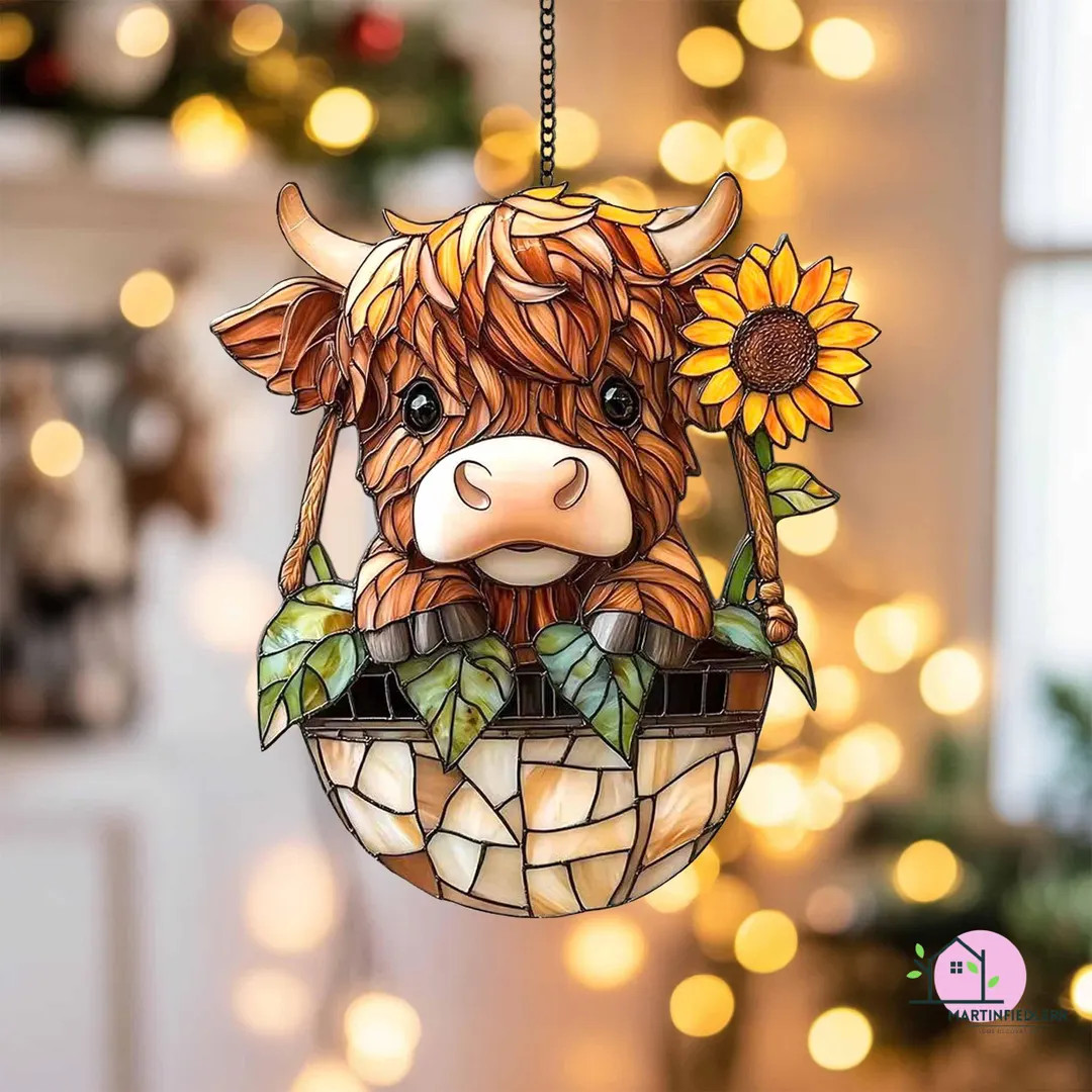 Highland Cow with Sunflower Acrylic Suncatcher, Whimsical Window Decor | Etsy (US)