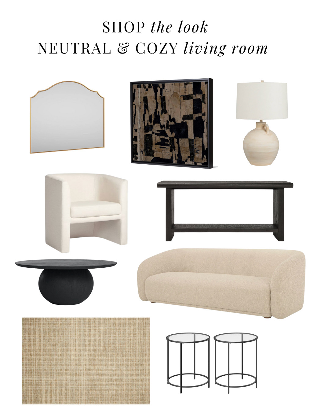 You can recreate this look in your own home by shopping pieces with a similar balance of soft neutrals, organic shapes, and layered textures. Start with foundational items—an inviting sofa, a natural fiber rug, and warm wood accents—then build depth with pillows, lighting, and greenery. By focusing on proportion and restraint rather than exact matches, you can achieve the same polished, livable feel while making the space uniquely yours. 

 #LTKSeasonal #LTKHome #LTKBeauty