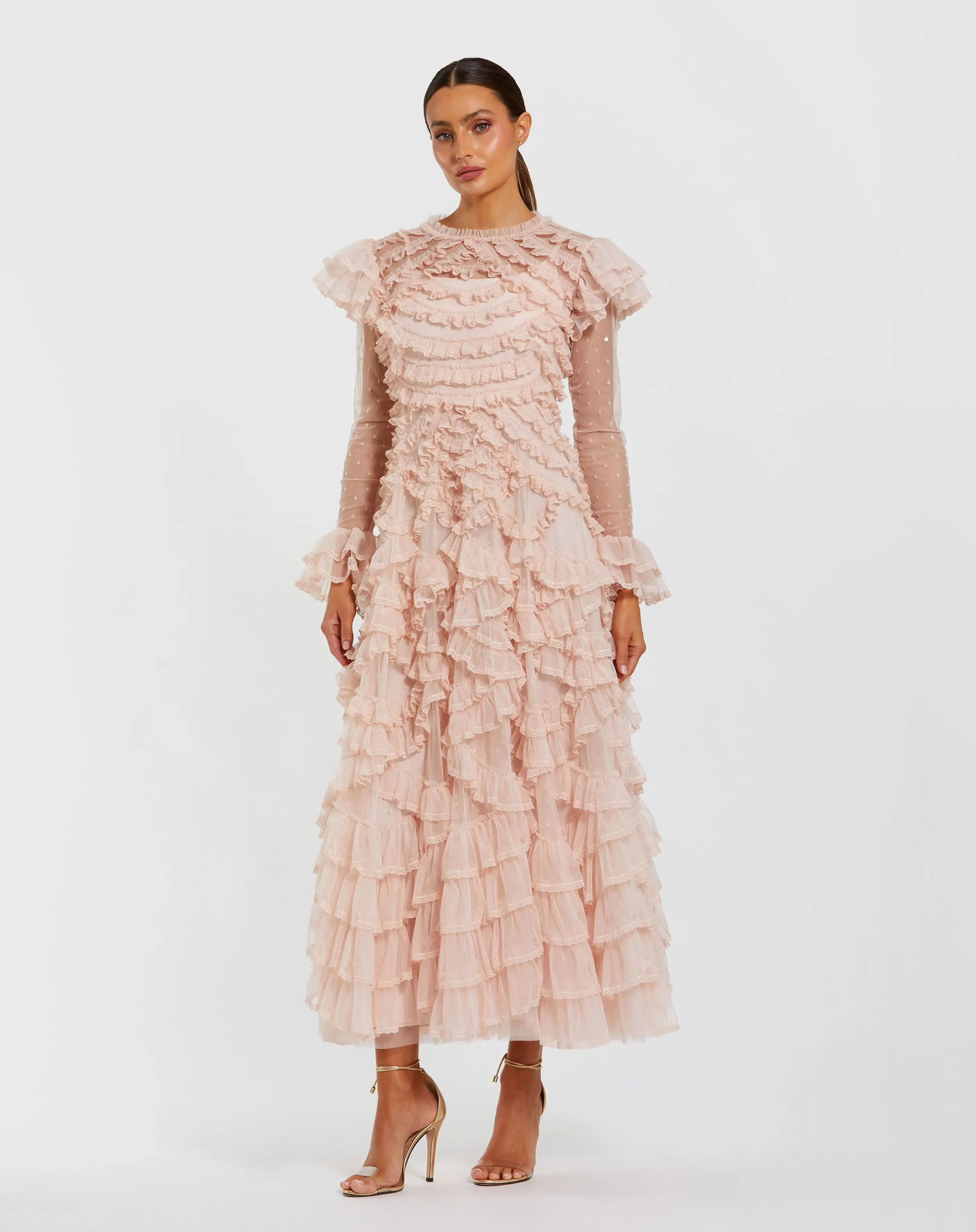 Pink Tiered Ruffle Trim Long Sleeve Midi Dress | Mac Duggal | Mac Duggal