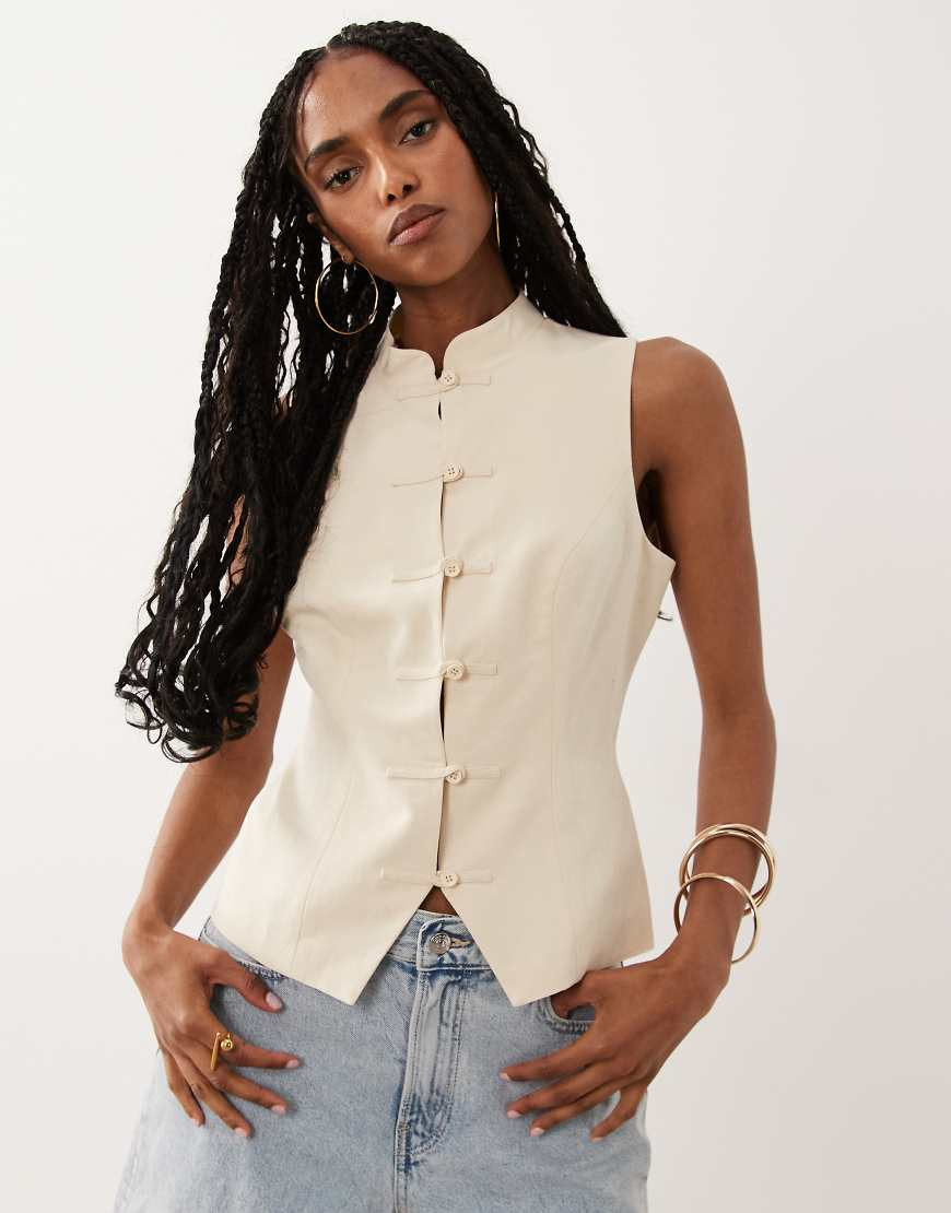 ASOS DESIGN linen blend mandarin collar tank top in ivory-White | ASOS (Global)