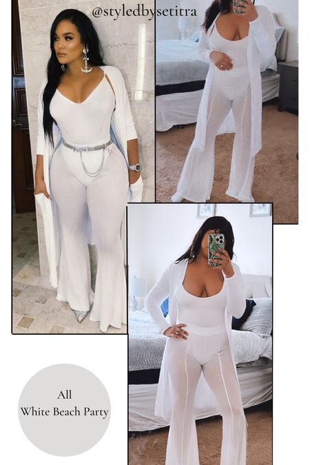 Emily B. Inspired look. Beach vacation. SHEIN. All white party. Beach wedding. White outfit ideas. All white outfit. White bodysuit, white mesh flare pants, white duster cardigan. Celebrity lookbook, celebrity style. Sexy outfits. Miami outfits. 

#LTKtravel #LTKswim #LTKunder100