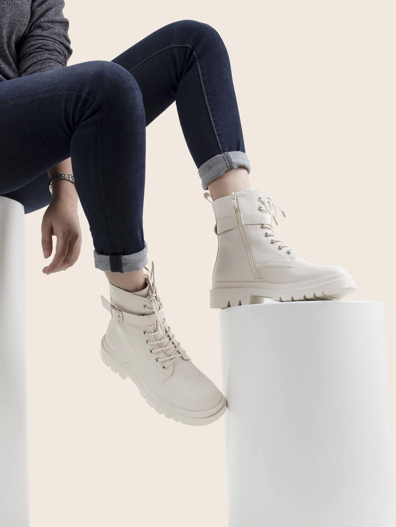 Buckle Decor Lace-up Front Combat Boots | SHEIN