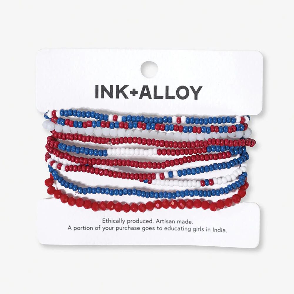 Game Day Color Block Beaded 10 Strand Stretch Bracelets Red + Blue | INK+ALLOY