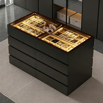 Modern Jewelry Display Island with Glass Top and Multiple Drawers, Minimalist Storage Cabinet with Recessed Handles for Bedroom, Dressing Room and Liv | Wayfair North America