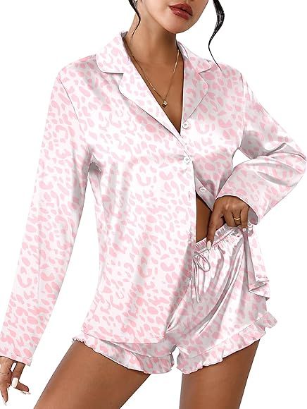Ekouaer Womens Satin Pajama Sets Long Sleeve Top and Shorts Lounge Set Button Down Sleepwear S-XXL | Amazon (US)