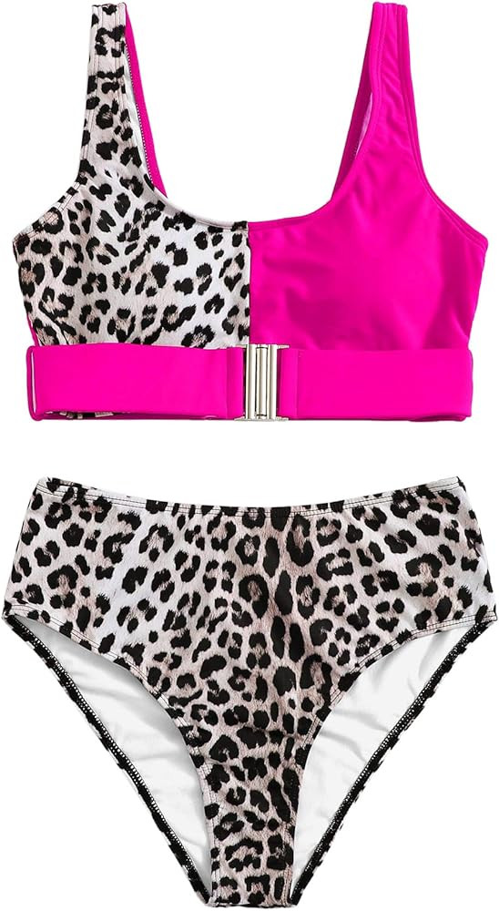 Floerns Women's High Waist Leopard Bikini Buckle Front Two Piece Cheetah Swimsuit | Amazon (US)