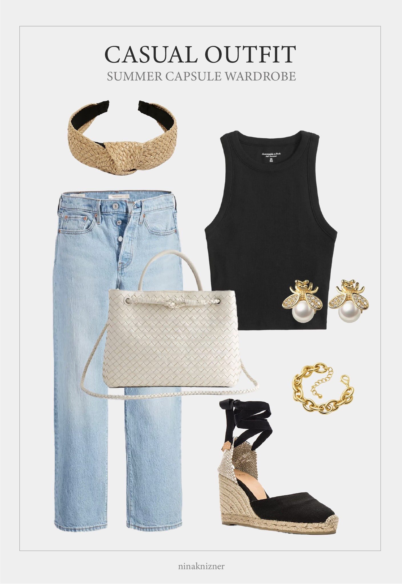 Casual summer outfit.

Light denim paired with a black tank, ivory leather purse, and espadrille wedges. Accessorized with a straw headband, small bee earrings and a chain bracelet.


#summeroutfit
#capsulewardrobe #modernluxe #quietluxury #neutraloutfits

#LTKSeasonal #LTKStyleTip #LTKTravel
