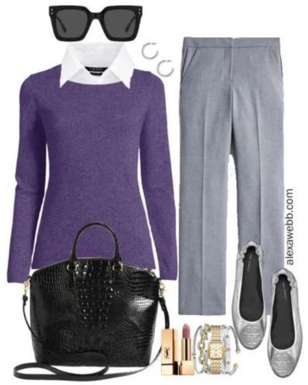 Plus Size Fall Work Capsule 2023 Outfit Idea with a purple sweater, white button down, grey pants, and silver ballet flats by Alexa Webb #plussize

#LTKplussize #LTKworkwear #LTKover40