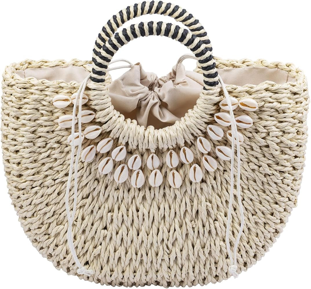 Straw Tote Bag Summer Beach Bag Handmade Straw Rattan Woven Handbag with Shell Accents | Amazon (US)