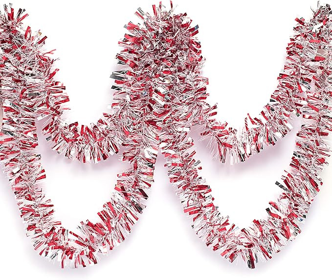 Red, Silver, and White Metallic Tinsel Twist Garland 4 inches Wide x 25 ft Long | Amazon (US)