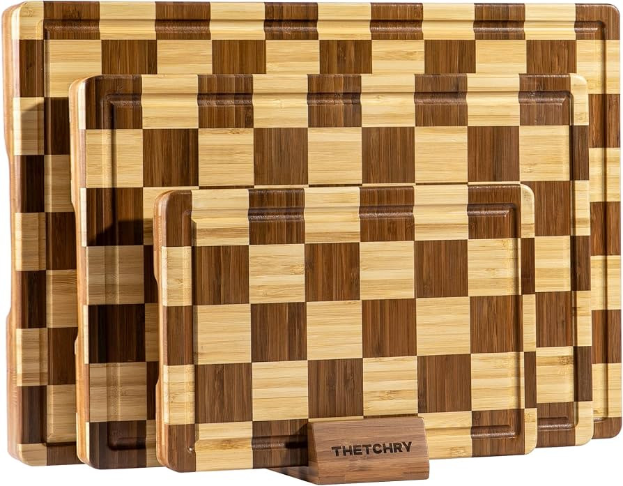 THETCHRY Bamboo Cutting Board Set, Checkered Wood Cutting Boards for Kitchen with Juice Groove, N... | Amazon (US)