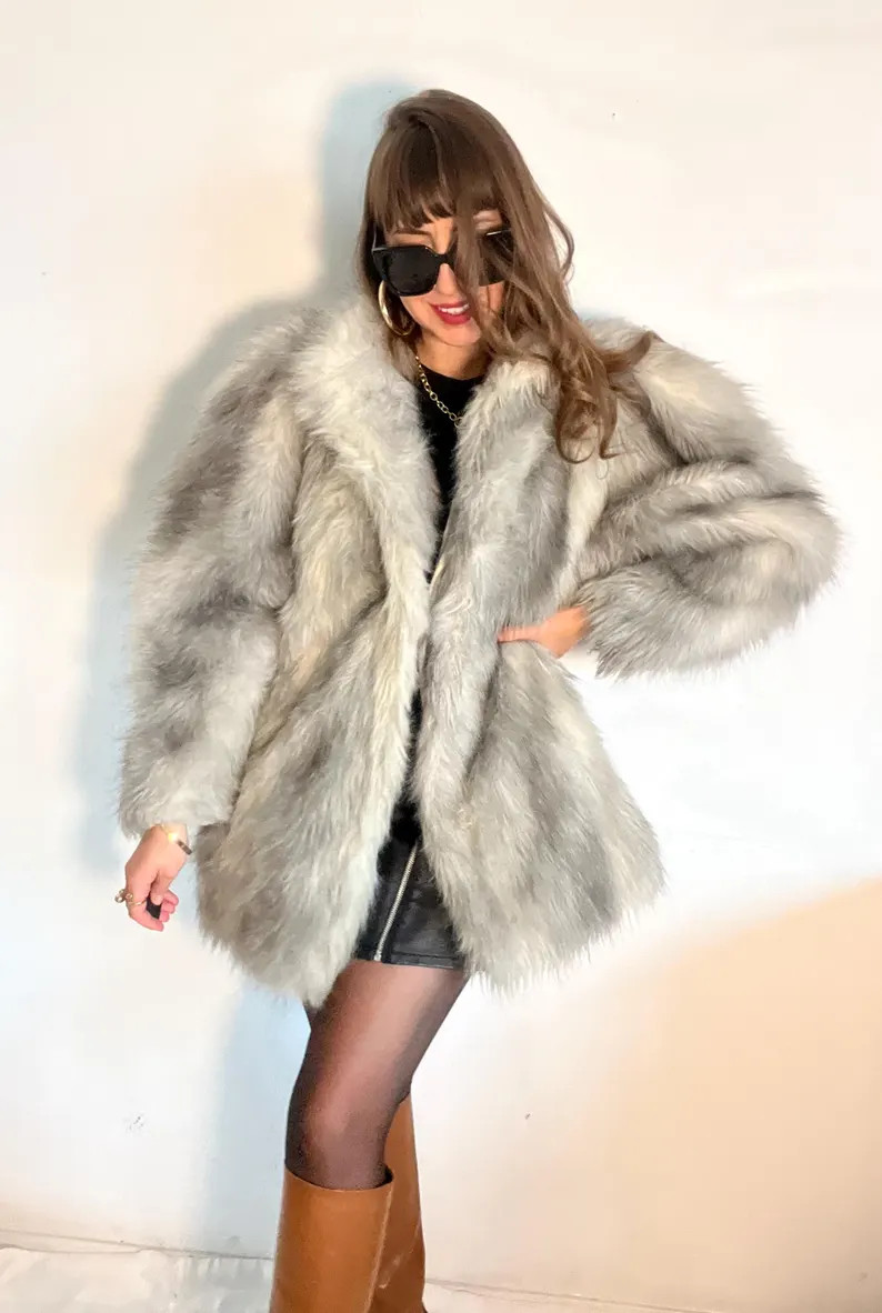 Vintage Faux Fur Coat Silver White Fox Mink Oversized Bell Sleeves Rows Mob Wife Old Money Warm 9... | Etsy (US)