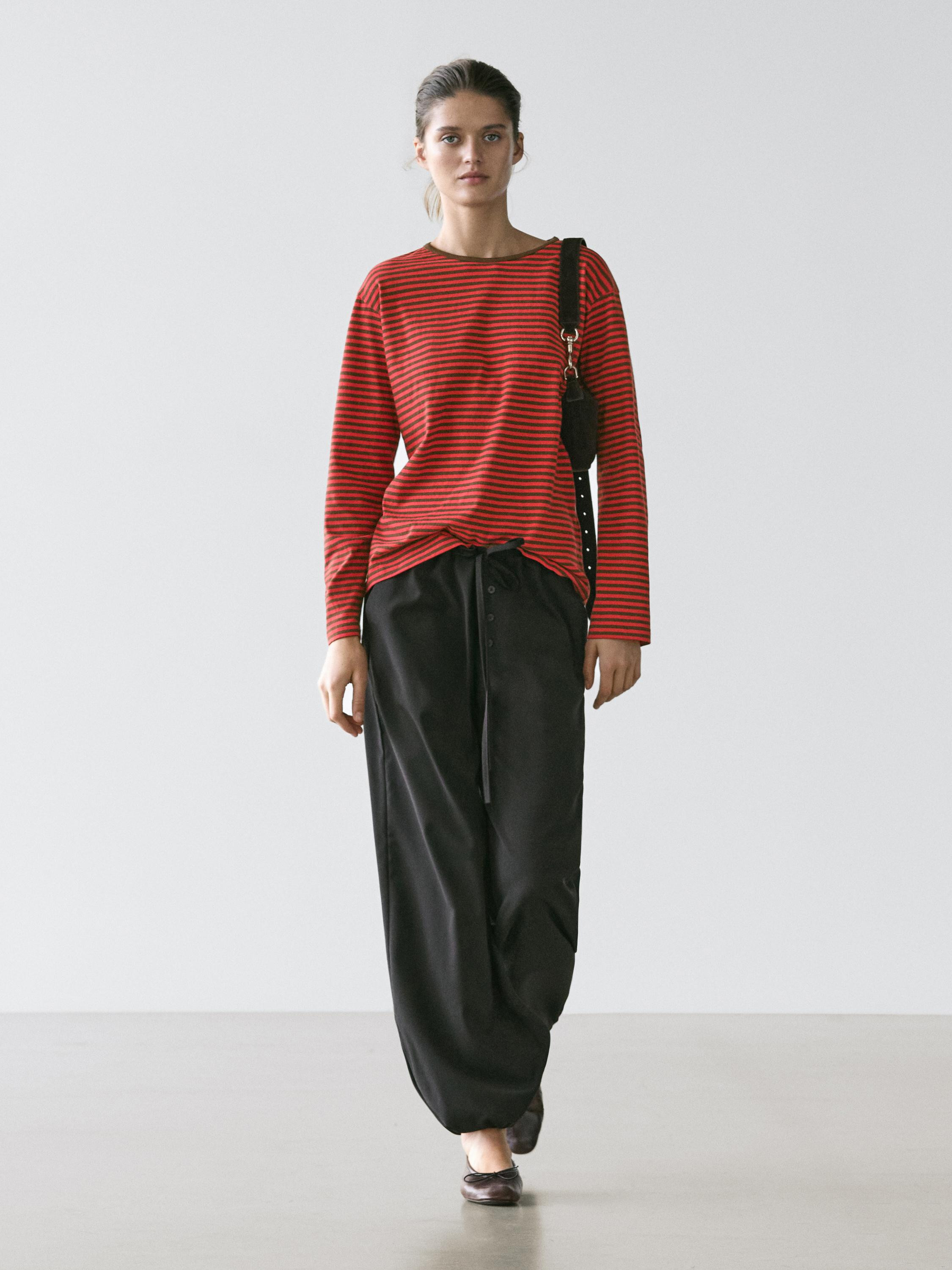 Striped long sleeve cotton T-shirt · Red, Brown · T-shirt | Massimo Dutti | Massimo Dutti UK