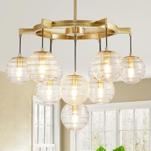 28.5" Modern Gold Bubble Chandelier Lighting with Swirled Clear Ribbed Hand Blown Glass Shade, Hanging Pendant Lights Fixture for Kitchen Island Dining Room Living Room Hallway Foyer Entryway | Amazon (US)