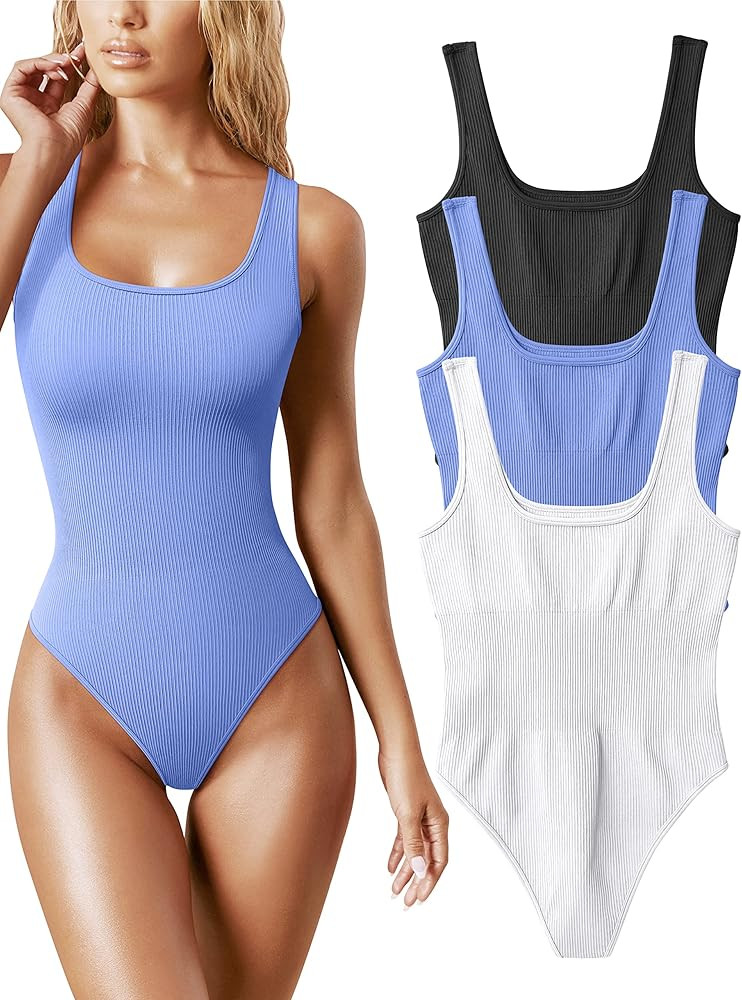 OQQ Women's 3 Piece Bodysuits Sexy Ribbed Sleeveless Square Neck Sleeveless Tank Tops Bodysuits | Amazon (US)