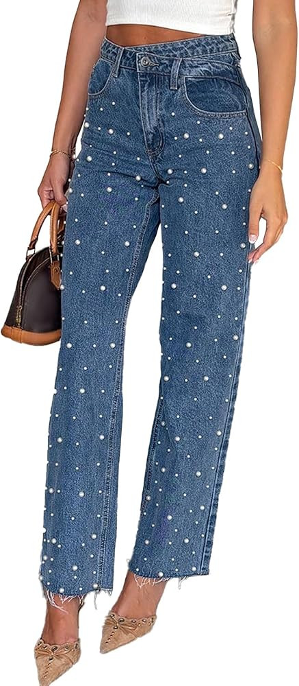 Sexyshine Women's High Waisted Pearl Jeans Beaded Baggy Straight Wide Leg Raw Edge Stretchy Denim... | Amazon (US)