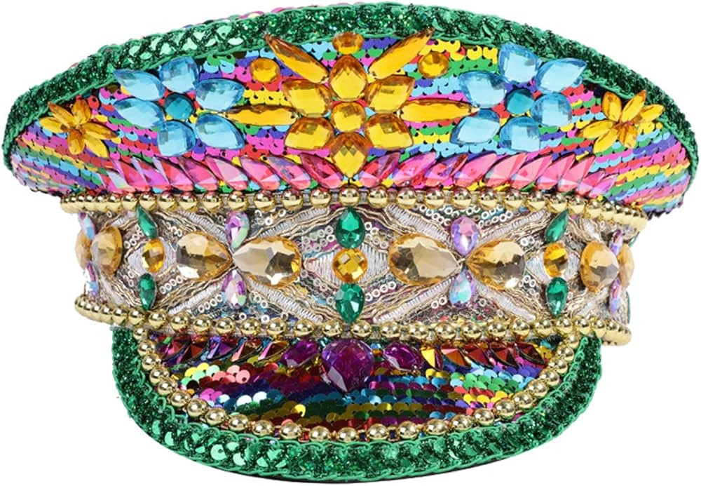 Mardi Gras Sequin Captain Hat Festival Rhinestone Military Hat Carnival Costume Hat Burning Man H... | Amazon (US)