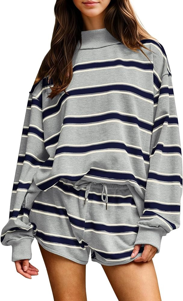 Women Striped 2 Piece Set Oversized Sweatshirt Shorts Outfits | Amazon (US)
