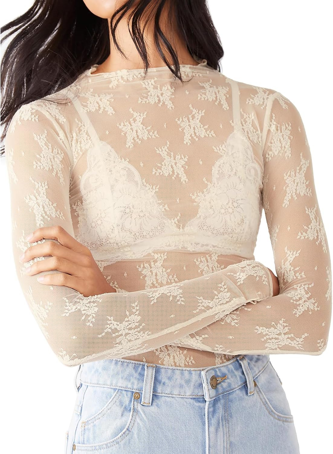 KMBANGI Women's Mesh Lace Long Sleeve Top Mock Neck Sheer Layering Tops | Amazon (US)