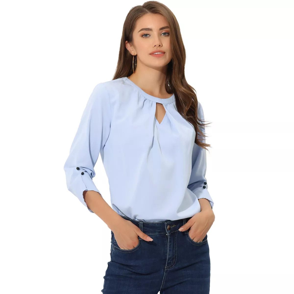 INSPIRE CHIC Women's Work Office Keyhole Pleated Front Ruched 3/4 Sleeve Chiffon Blouse Light Blu... | Target