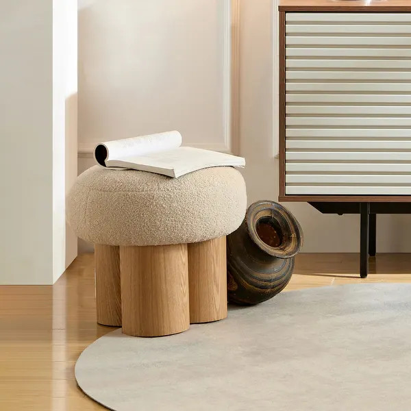 Modern Barrel Lamb Wool Upholstered Mushroom Stool - Greige | Bed Bath & Beyond
