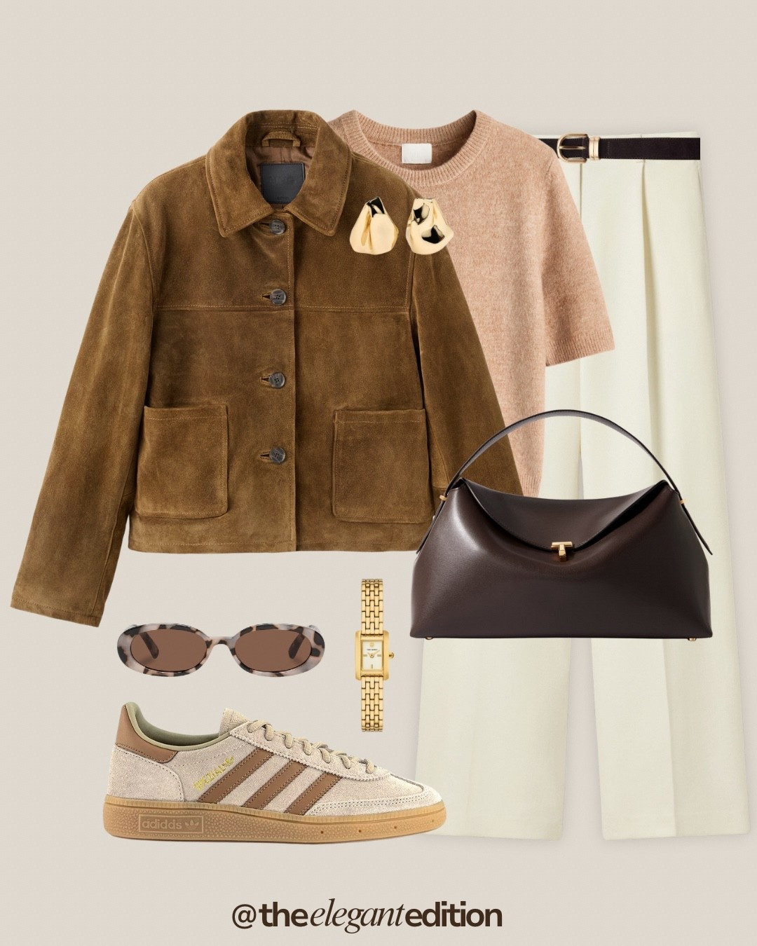 CASUAL CHIC WEEKEND OUTFIT 🤎🤍
cream white trousers tailored wide leg brown leather belt brown suede jacket oversized camel knit sweater short sleeve cozy Adidas Spezial sneakers beige brown gum sole chocolate brown leather handbag curved shoulder bag gold watch bracelet sunglasses tortoise oval gold earrings chunky fashion autumn winter casual chic elegant
 

#LTKeurope #LTKstyletip #LTKshoes #LTKspring #LTKstyletip #LTKeurope