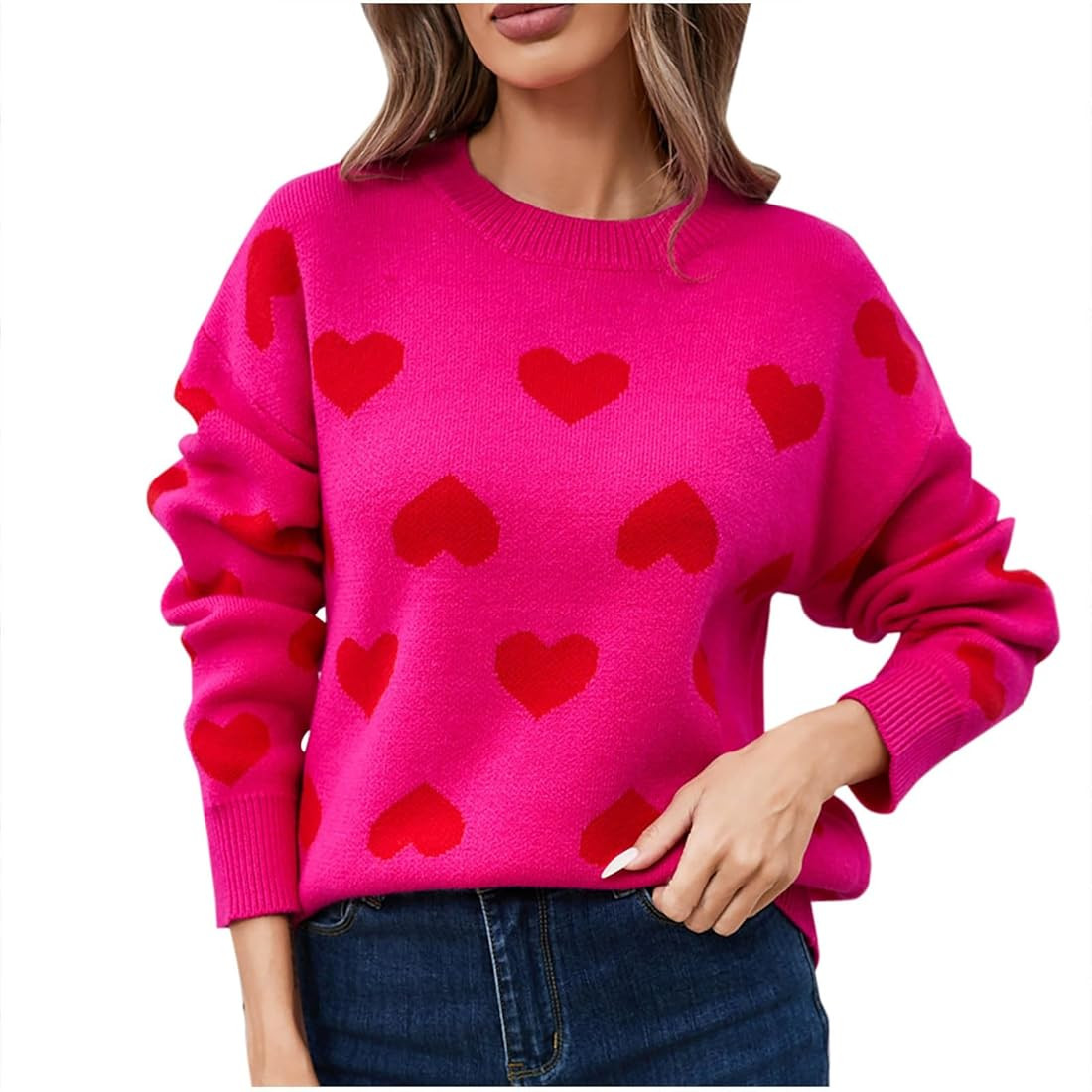 Women's Cute Aesthetic Heart Sweaters Trendy Fall Pullover Crewneck Long Sleeve Soft Cozy Knitted... | Amazon (US)
