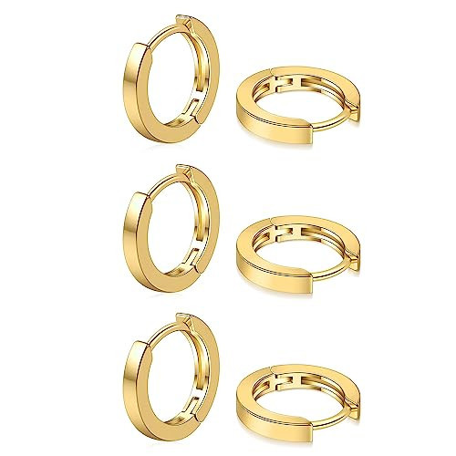 Micuco 3 Pairs Small Hoop Earrings for Women and Men - 14K Gold Plated Tiny Helix Cartilage Earring Set, Hypoallergenic, 12mm | Amazon (US)