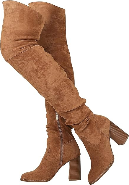 Mattiventon Over The Knee Boots Thigh High Block Heels for Women Stretch Suede Chunky boots with ... | Amazon (US)