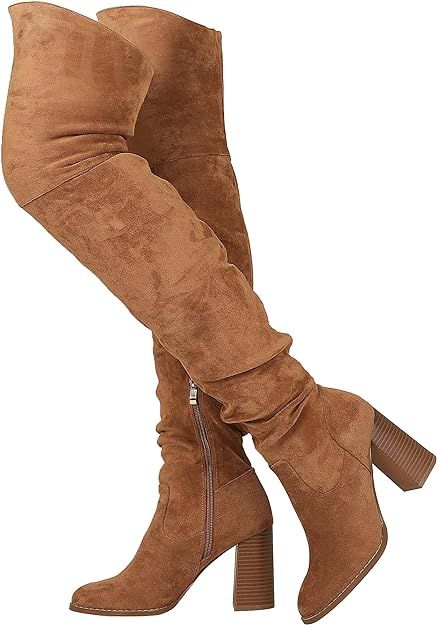 Mattiventon Over The Knee Boots Thigh High Block Heels for Women Stretch Suede Chunky boots with ... | Amazon (US)