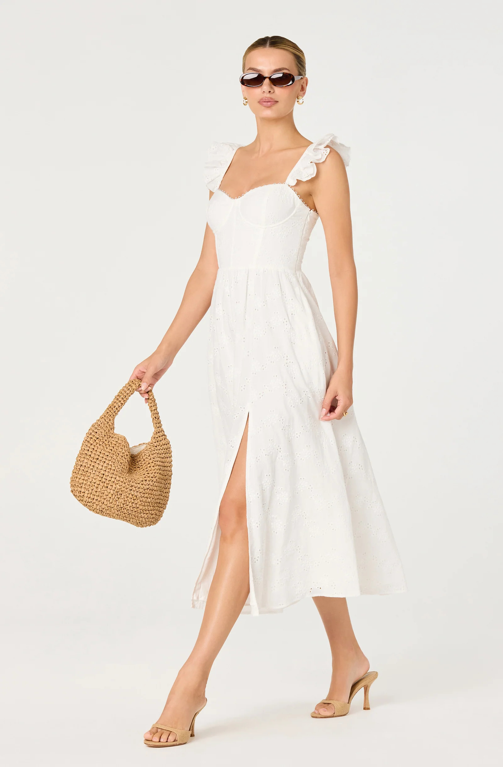 Wedelia Ruffle Strap Eyelet Corset Midi Dress - White / XS | ASTR The Label (US)