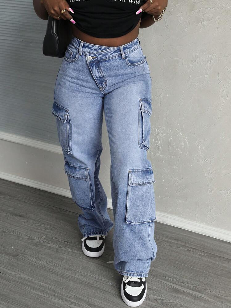 SHEIN Tall Women's Asymmetric Waist Utility Pocket Washed Denim Jeans | SHEIN