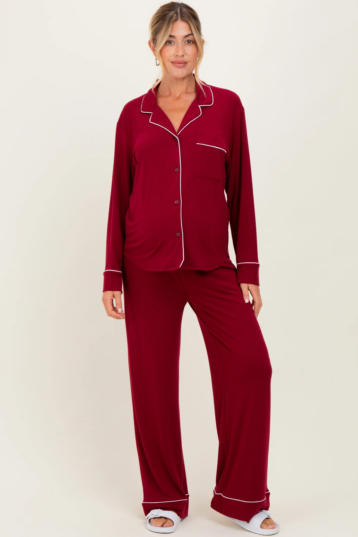 Burgundy Button Down Top Wide Leg Pant Maternity Pajama Set | PinkBlush Maternity