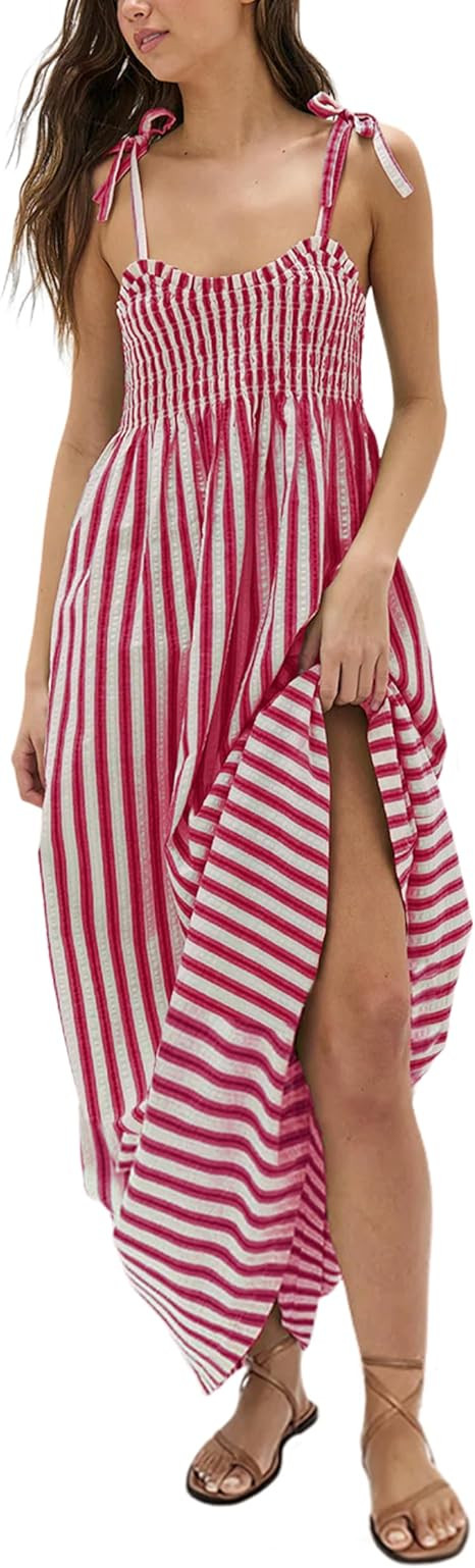 Lentta Women's Striped Smocked Maxi Dress Causal Spaghetti Strap Stretchy Flowy Swing Long Dress ... | Amazon (US)