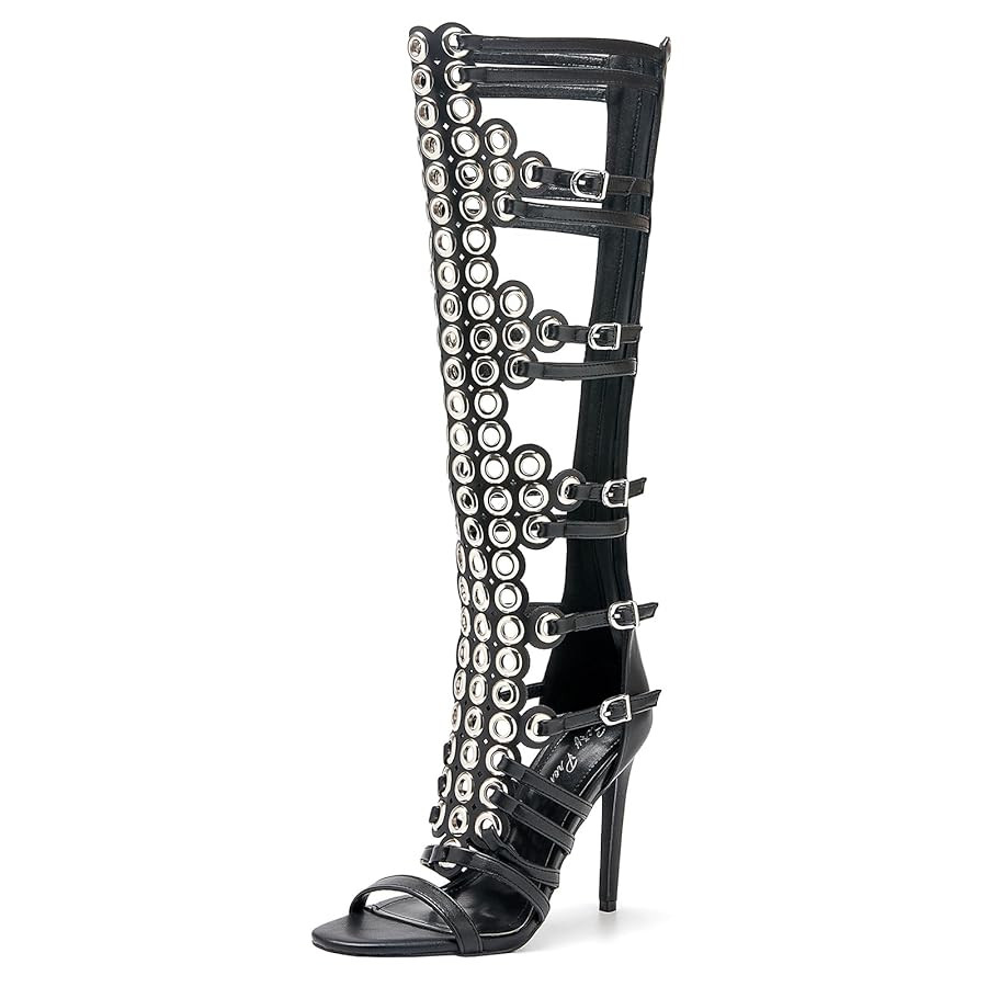 Women's 4.3IN Hollow Open Toe Knee High Boots Metal Buckle Stiletto Heels Nightclub Party Wedding... | Amazon (US)