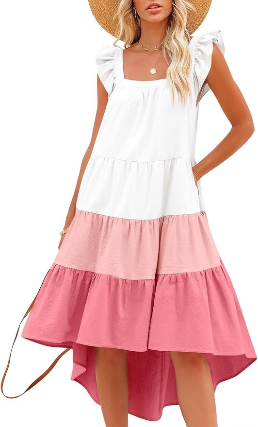 Prinbara 2022 Women's Summer Midi Dress Sleeveless Ruffle Sleeve Colorblock Solid Loose Fit Flowy... | Amazon (US)