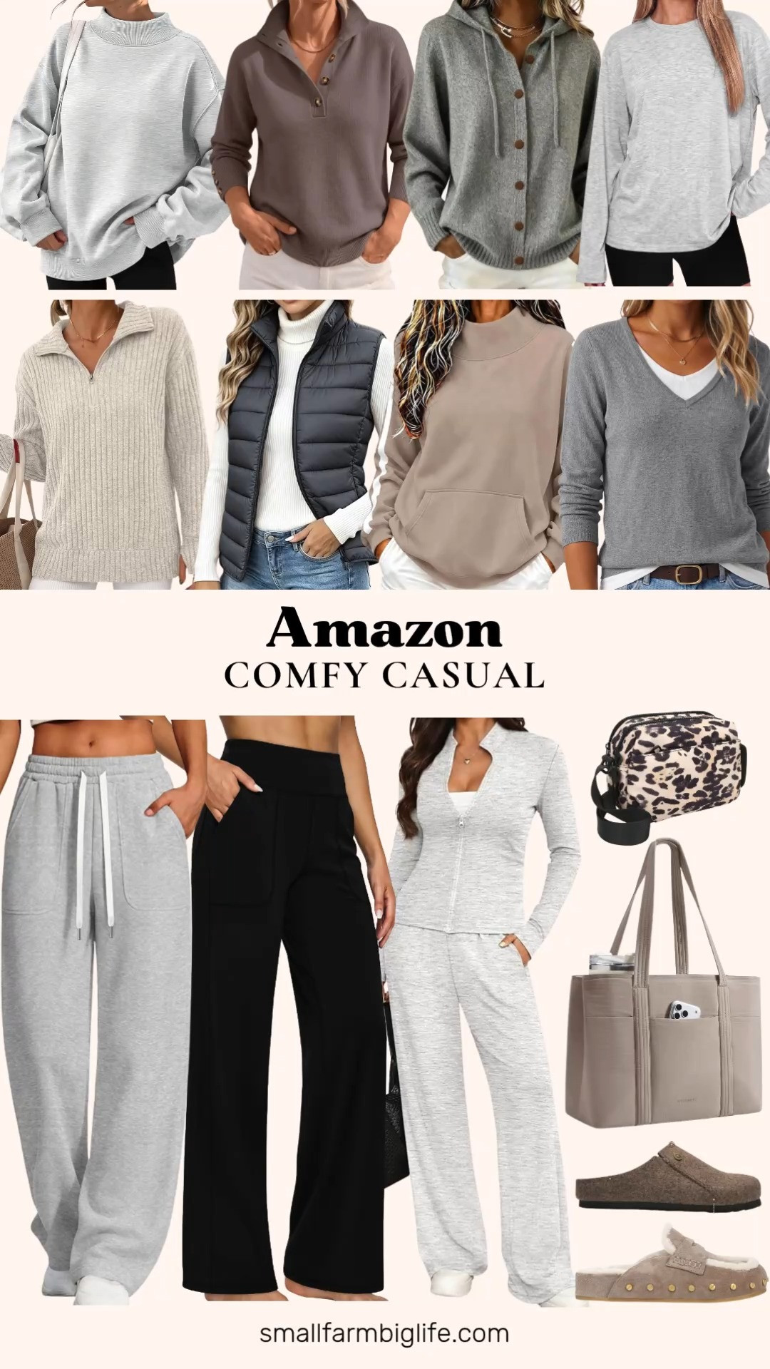 Comfy casual pieces are my go to for cozy fall days, and this Amazon edit is full of easy options for autumn outfits.

The grey Wide Leg Baggy Sweatpants and the black Alaroo Wide Leg Yoga Pants are both such comfortable, high waisted staples for lounging or travel. Layer them with the grey GAYHAY Oversized Long Sleeve Tee or the grey Trendy Queen Mock Neck Sweatshirt for an easy, fleece lined outfit.

For sweaters, the nutmeg LILLUSORY Stand Collar Henley Sweater and the grey Cashmere Hooded Cardigan are both cozy layering pieces, and the heather beige Quarter Zip Mock Neck Pullover works great for business casual workwear with a pair of jeans. The khaki mock neck striped sleeve pullover and the Arach&Cloz Wool Blend V Neck Sweater are both fun, versatile tops to add into the mix.

For outerwear, the dark grey Puffer Vest is a great lightweight layer for travel or running errands.

If you want a matching set, the oatmeal grey Two Piece Lounge Set with the wide leg pants and zip up top is such an easy travel outfit.

Finishing off the look, the light taupe Fur Lined Clogs and the taupe flannel Leather Insole Clogs are both cozy, slip on options, and the beige BAGSMART Tote Bag and the beige leopard print DOB SECHS Crossbody Bag round things out as easy everyday bags for work or travel.

So many comfy casual pieces to shop for fall, all linked for you.

#amazonfashion #comfycasual #fallfashion #falloutfits #autumnoutfits 

 #LTKootd #LTKActive #LTKOver40