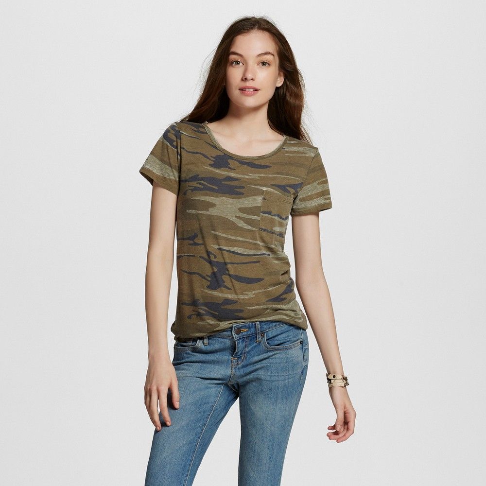 Women's Short Sleeve Camo Print Graphic T-Shirt - Zoe+Liv (Juniors') Green XL | Target