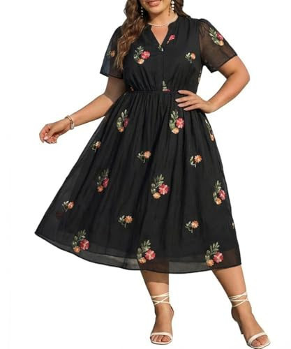 RITERA Women's Plus Size Black Floral Chiffon Midi Dresses, V Neck Short Sleeve Flowy A-Line Summer Dress with Pockets for Party Beach Vacation 3XL 22W 24W | Amazon (US)