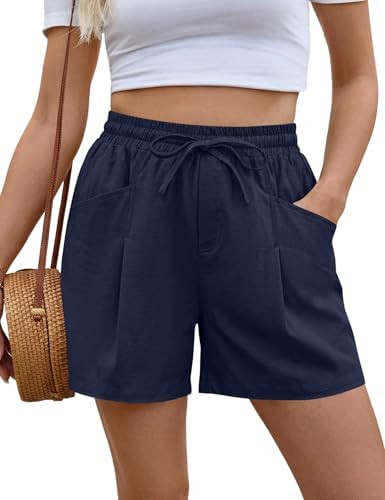 AKEWEI Linen Shorts Women Casual Wide Leg High Waisted Summer Outfits Comfy Elastic Waist Beach S... | Amazon (US)