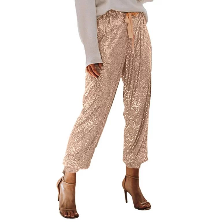 Womens Sequin Glitter Joggers Pants High Waist Drawstring Elastic Waist Loose Fit Shiny Beam Foot... | Walmart (US)