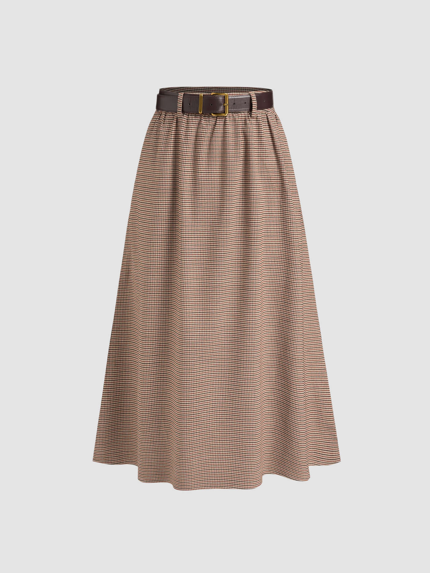 Preppy Woven High Rise Houndstooth Pocket Maxi Skirt  With Belt For Work | Cider