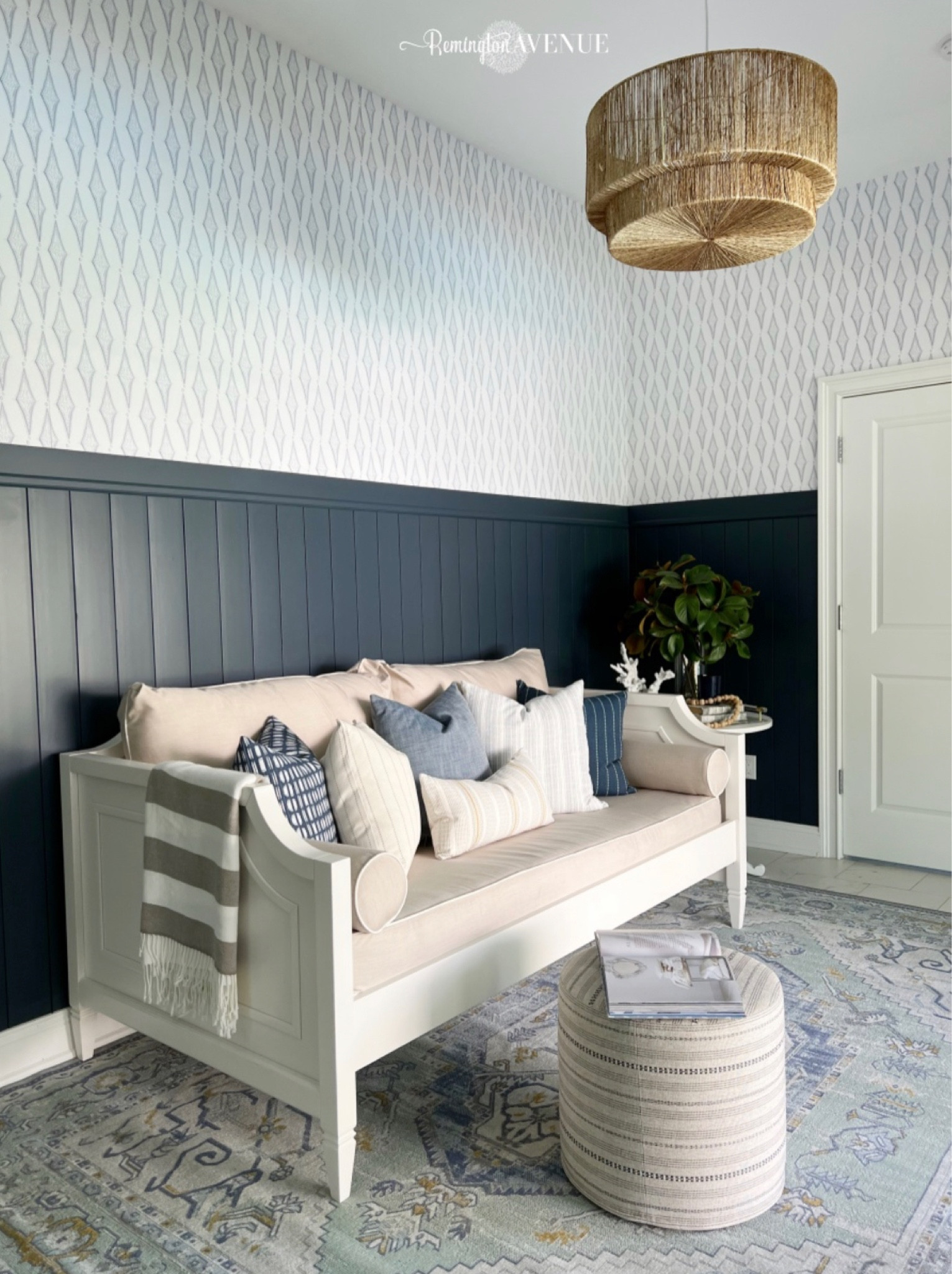 Hamptons pool house coastal themed room. PREPAINTED shiplap, wallpaper, woven drum light, daybed, designer pillows and more 

#LTKhome