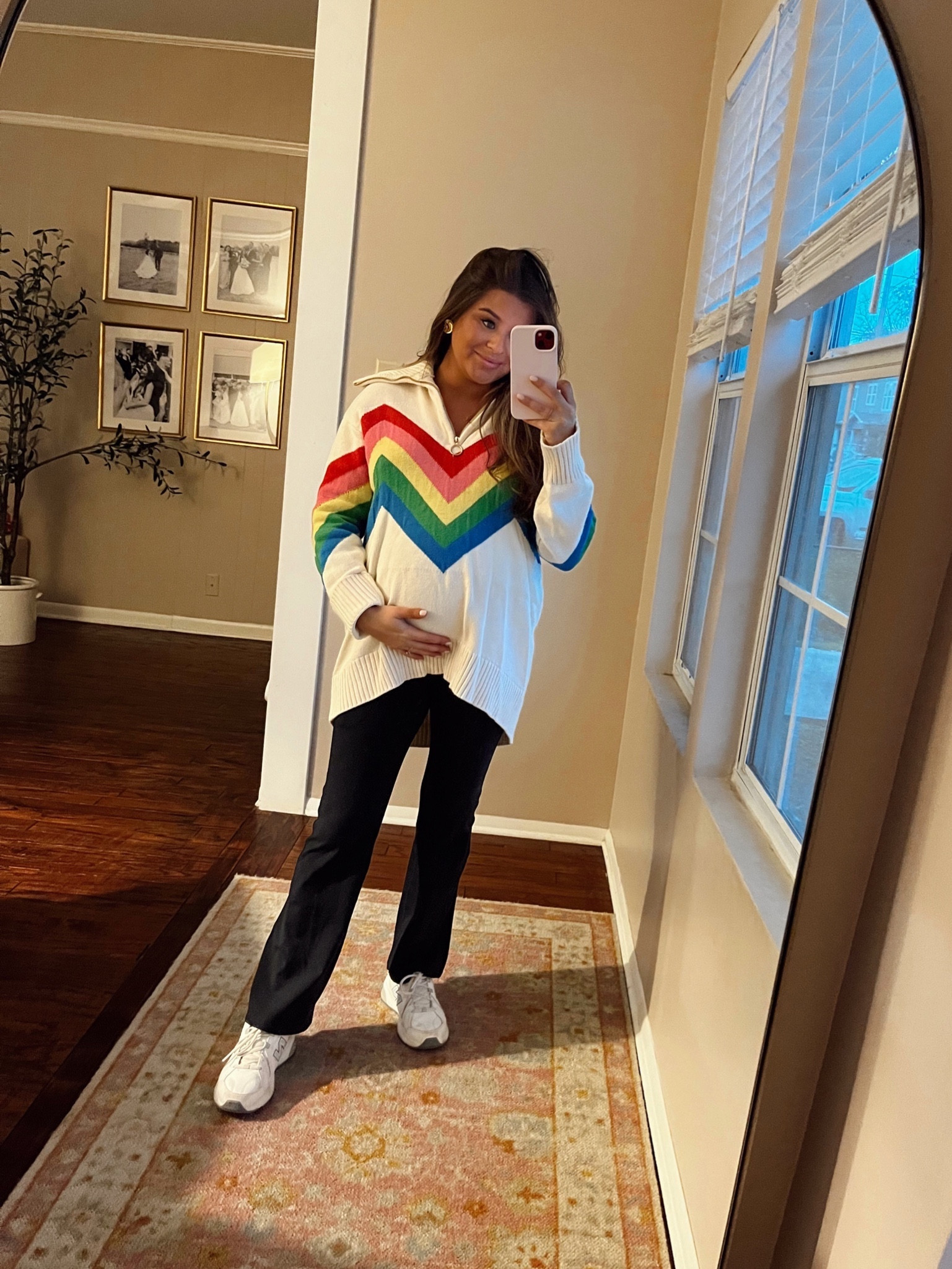 Casual winter ootd 🌈 this sweater is on the thicker side so it’s nice and warm. It is also oversized. I am wearing a size Small. Also loving these maternity leggings from Amazon! 

Maternity. Pregnancy. Bump friendly. Maternity leggings. Amazon find. Flare leggings. New balance sneakers. Show me your mumu. Rainbow half zip. Half zip sweater. 

#LTKstyletip #LTKbump