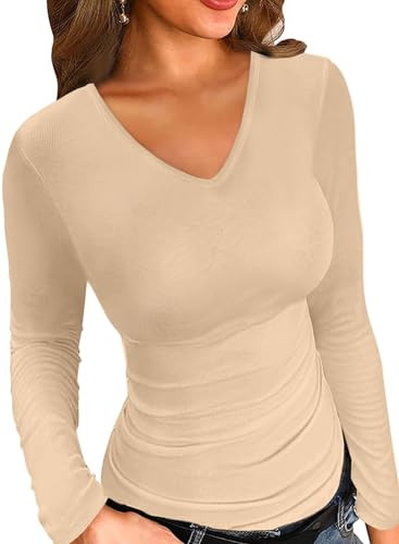 LOLONG Layering Long Sleeve Tees for Women V Neck Ribbed Knit Casual Tops Basic Slim Fit Solid Fall Shirts Apricot | Amazon (US)