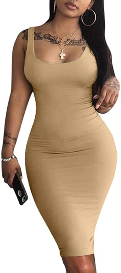 LAGSHIAN Women's Sexy Bodycon Tank Dress Sleeveless Basic Midi Club Dresses | Amazon (US)